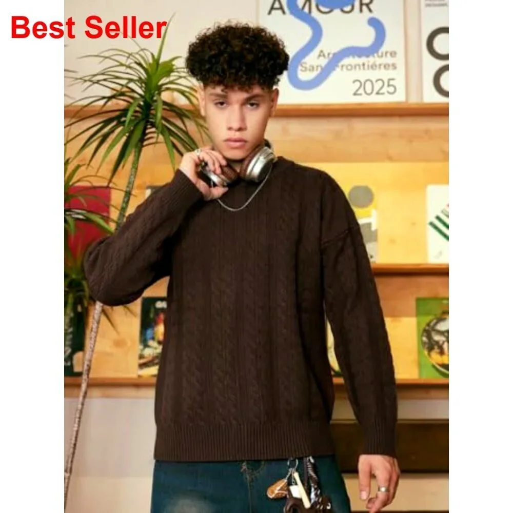 Oversized Cable Knit Sweater Pullover Crewneck Unisex Casual Streetwear